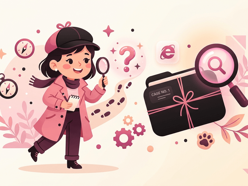 Playful illustration of a young girl detective in a pink coat and black hat, surrounded by mystery tools like magnifying glasses and a black case file labeled 'CASE NO. 1' against a warm pink and cream background